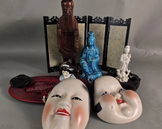 Lot # : 312 - Group of japanese and chinese carved wood figureine, porcelain wall mask decanter, porcelain figure etc