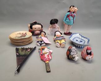 Lot # : 330 - Vintage Asian dolls, plates and fans etc