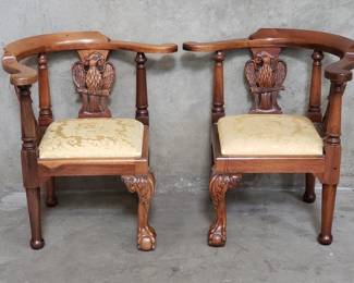 Lot # : 145 - Pair of vintage carved mahogany child's corner chairs with eagle motif