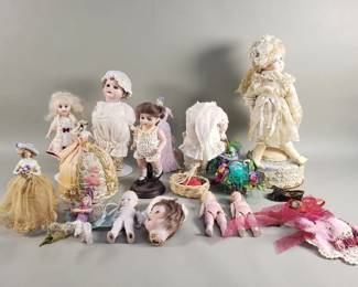Lot # : 413 - Group of vintage porcelain dolls and figural pin cushion