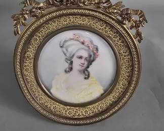 Lot # : 24 - Antique ornate brass frame with hand-painted portrait