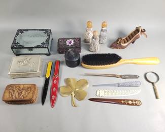 Lot # : 362 - Group of glass, metal, ceramic, wood trinket boxes, letter openers, etc