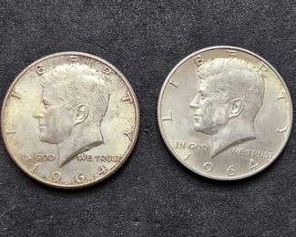 Lot # : 56 - 2 1964 Kennedy silver half-dollar coins