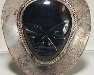 Lot # : 34 - Vintage Mexican silver & carved black onyx brooch