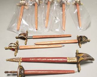 Lot # : 346 - Group of vintage Toledo letter openers with enamel scabbards and leather sheaths