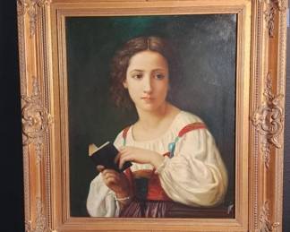 076 Lot 324h Vintage oil on canvas Victorian girl reading