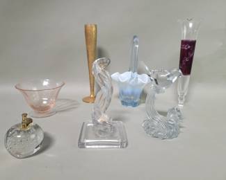 Lot # : 375 - Blown glass basket, pedestal bowl & vases, glass apple paperweight, bird figure, etc