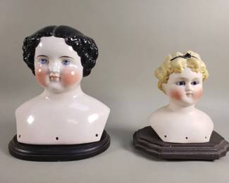 Lot # : 386 - Pair of vintage porcelain doll heads and wood stands