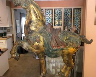 Fantastic large carved polychromed & gilt wood Tang horse