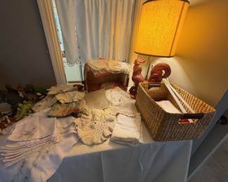 Vintage linens, ceramic rooster lamp