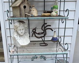 Garden art, bird houses, metal bakers rack