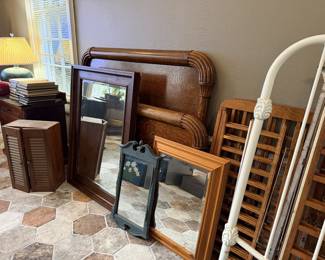 Two baby beds, Oak bed, mirrors, cast iron white bed