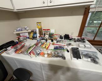 Lots of office, power cords and household tools