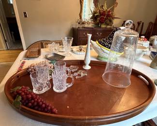 Crystal, cloche, huge vintage wood oval tray