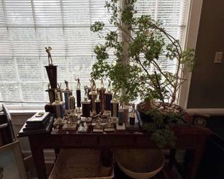 Trophies, solid wood sofa table, baskets