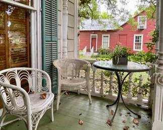 VICTORIAN WICKER CHAIRS, WROUGHT IRON TABLE