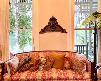 ANTIQUE MAHOGANY COUCH, ANTIQUE FOOTSTOOL, DECORATOR PILLOWS