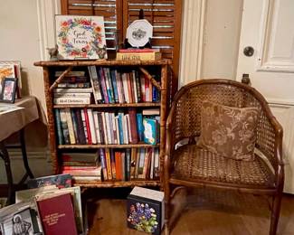 VINTAGE BAMBOO/WICKER BOOK SHELF AND CHAIR, BOOKS