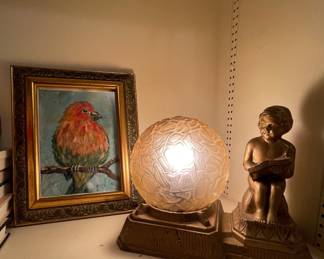 ANTIQUE ART DECO GILT FINISH LAMP WITH CRACKLE GLOBE SHADE