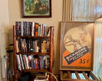 VINTAGE BOOK SHELF, BOOKS, VINTAGE BICKMORE SHAVING CREAM FRAMED POSTER