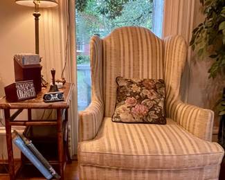 UPHOLSTERED ARMCHAIR, BAMBOO ACCENT TABLE