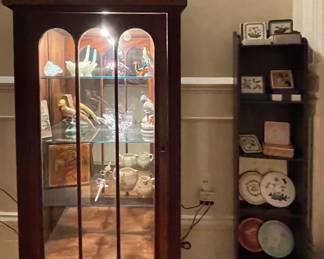 ANTIQUE LIGHTED CURIO CABINET, ANTIQUE SHELF