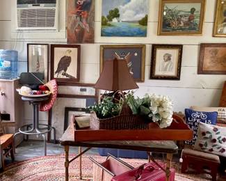 VINTAGE CARD TABLE, RUGS