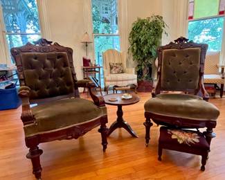 VICTORIAN GENTLEMAN’S AND LADY’S TUFTED MATCHING CHAIRS, NEEDLEPOINT FOOTSTOOL