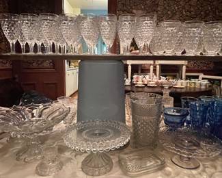 VINTAGE FOSTORIA GOBLETS, VINTAGE CRYSTAL PEDESTAL BOWLS AND CAKE STANDS