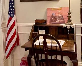 ANTIQUE SECRETARY, WINDSOR CHAIR, FLAG