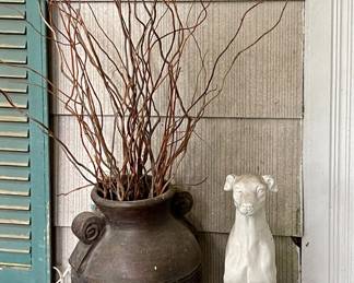 LARGE STONEWARE URN, DOG STATUE