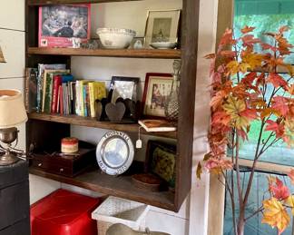 GOTHIC WOOD SHELF, BOOKS, BRASS FIREPLACE ASH BUCKET