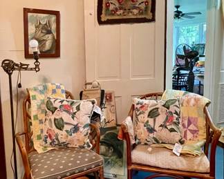 VINTAGE BAMBOO ACCENT CHAIRS, FLOOR LAMP, QUILTS
