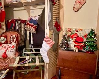 ANTIQUE SCHOOL DESK, VINTAGE PINK FELT AND SEQUIN STOCKING