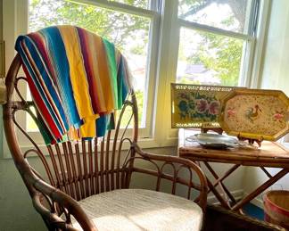 WICKER CHAIR, WICKER TABLE, SERAPE, TRAYS