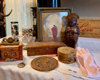 PERUVIAN FIGURINE, VINTAGE BUTTONS, TRINKET BOXES