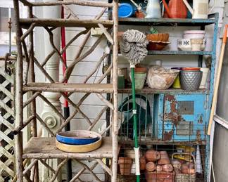 SHELVES, GALVANIZED WATER CANS, PLANTERS
