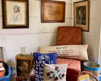 VINTAGE CHAIRS, PILLOWS, NEEDLEPOINT, FRAMED ART