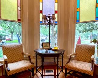ANTIQUE HEXAGONAL ACCENT TABLE, ANTIQUE ARMCHAIRS