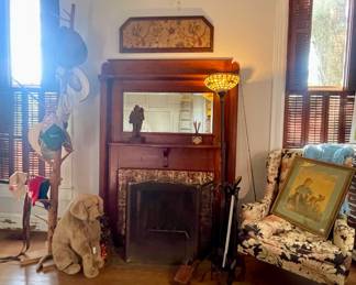 FIREPLACE SCREEN, UPHOLSTERED ARMCHAIR