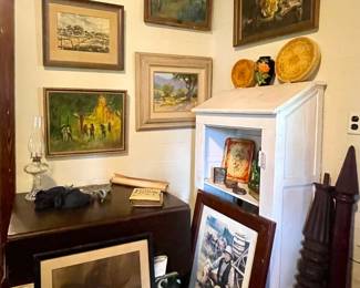 STORAGE CABINET, LOTS OF FRAMED ART-SOME ORIGINAL PAINTINGS