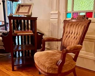VICTORIAN TUFTED PARLOR ARMCHAIR, ANTIQUE BOOKSHELF