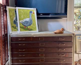 INDUSTRIAL WOOD & METAL MAP CABINET, TELEVISION, ARTWORK
