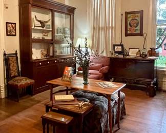 ANTIQUES-NESTING TABLES, LARGE GENERAL STORE CABINET WITH SLIDING GLASS DOORS, BUFFET