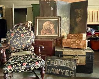 FLORAL UPHOLSTERED CHAIRS, ANTIQUE METAL LAWYER SIGN, OLD TRUNKS