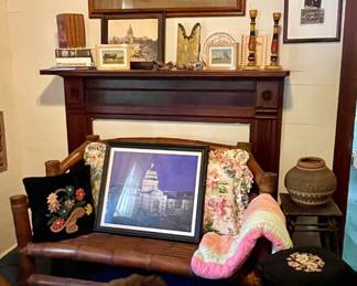 BAMBOO LOVESEAT, FIREPLACE MANTLE, NEEDLEPOINT