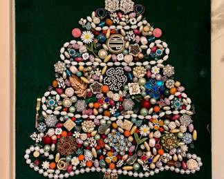 CHRISTMAS TREE COLLAGE MADE WITH VINTAGE BROOCHES