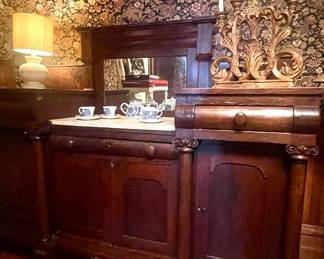 ANTIQUE AMERICAN EMPIRE SIDEBOARD, CARVED WOOD CANDLEHOLDER