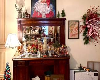ANTIQUE BURL WOOD BUFFET WITH MIRROR, CHRISTMAS DECOR