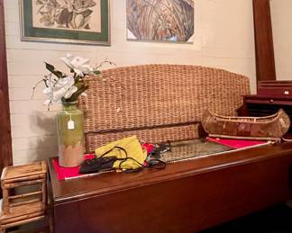 ANTIQUE DROP LEAF TABLE, RATTAN HEADBOARD